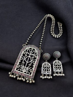 Antique Indian Floral Design Silver Replica Necklace Pendant Chain With Matching Earrings