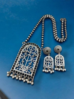 Antique Indian Floral Design Silver Replica Necklace Pendant Chain With Matching Earrings