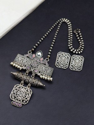 Antique Indian Vintage Style Bohemian Gypsy Jewellery Oxidized Silver Necklace Pendant with Matching Earrings