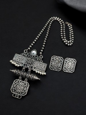 Antique Indian Vintage Style Bohemian Gypsy Jewellery Oxidized Silver Necklace Pendant with Matching Earrings