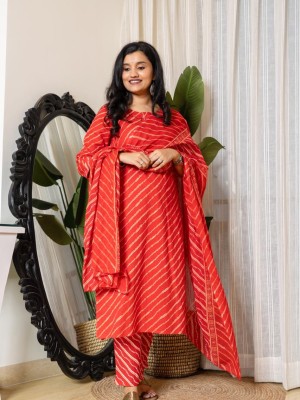 Red Lehariya Print Indian Traditional Straight Salwar Kameez Kurti Pant Set for Women Embroidery Partywear Dress