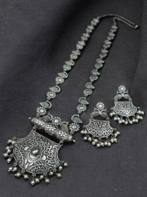 Indian Gypsy Style Vintage Peacock Oxidized Silver Replica Long Necklace Combo Earring Set