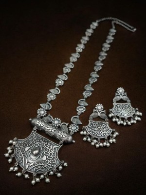 Indian Gypsy Style Vintage Peacock Oxidized Silver Replica Long Necklace Combo Earring Set