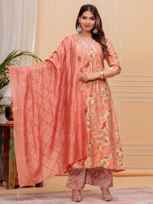 Peach Muslin Floral Print Indian A-line Cut Salwar Kameez Kurti Palazzo Pant Set for Women Partywear Dress