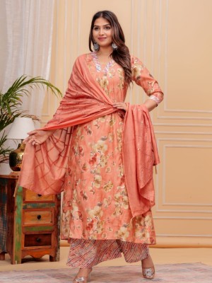 Peach Muslin Floral Print Indian A-line Cut Salwar Kameez Kurti Palazzo Pant Set for Women Partywear Dress