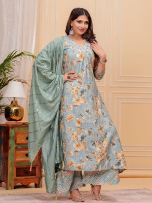 Gray Muslin Floral Print Indian A-line Cut Salwar Kameez Kurti Palazzo Pant Set for Women Partywear Dress