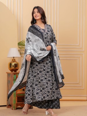 Batik Black and White Floral Print Indian A-line Cut Salwar Kameez Kurti Palazzo Pant Set for Women V-Neck Partywear Dress