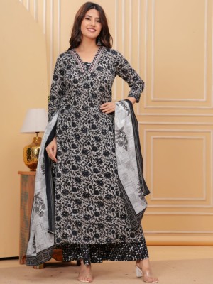 Batik Black and White Floral Print Indian A-line Cut Salwar Kameez Kurti Palazzo Pant Set for Women V-Neck Partywear Dress