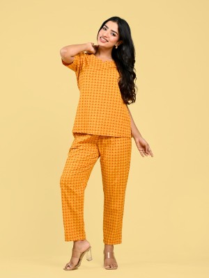 Orange Cotton Nightwear Dress Set Kurti Pyjama Co Ord Set for Summer Night