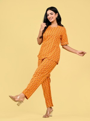 Orange Cotton Nightwear Dress Kurti Pyjama Co Ord Set for Summer Night