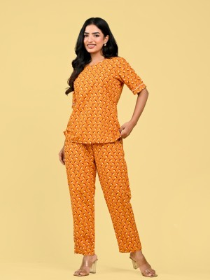 Orange Cotton Nightwear Dress Kurti Pyjama Co Ord Set for Summer Night