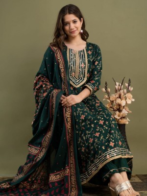 Green Color Plus Size Floral Printed Anarkali Style Kurti Pant Dupatta Salwar Kameez Suit Online