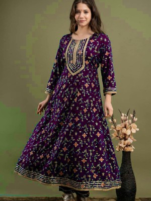 Wine Color Plus Size Floral Printed Anarkali Style Kurti Pant Dupatta Salwar Kameez Suit Online