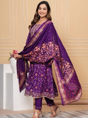 Purple Color Plus Size Floral Printed Anarkali Style Kurti Pant Dupatta Salwar Kameez Suit Online