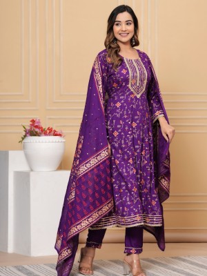 Purple Color Plus Size Floral Printed Anarkali Style Kurti Pant Dupatta Salwar Kameez Suit Online