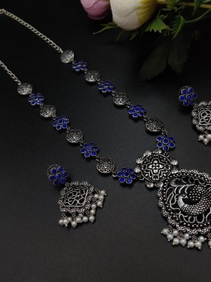 Indian Peacock Designer Long Necklace Silver Plated Oxidized Stone Work For Womens