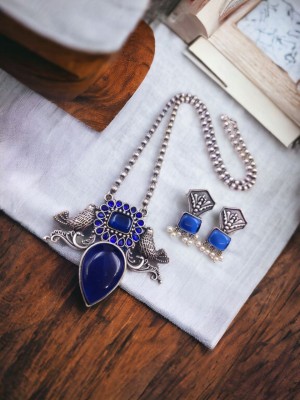 Indian Bohemian Antique Silver Oxidized Bird Design Monalisa Stone Necklace Pendant Chain for Girls