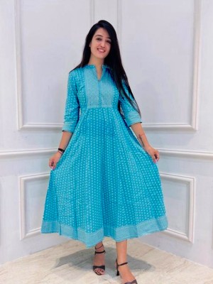 Blue Printed Frock Style Indian Anarkali Kurti Gown Dress for Women