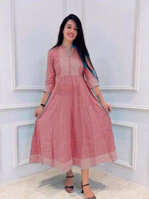 Pink Printed Frock Style Indian Anarkali Kurti Gown Dress for Women