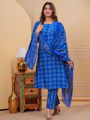 Indigo Blue Printed Indian A-line Salwar Kameez Kurti Pant Set for Women V-Neck Partywear Dress