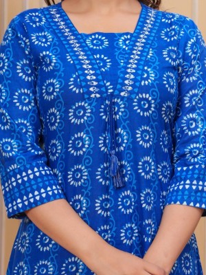 Indigo Blue Printed Indian A-line Salwar Kameez Kurti Pant Set for Women V-Neck Partywear Dress