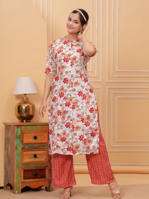 Red Floral Printed Indian Cotton Salwar Kameez A-line Kurti Pant Co Ord Set