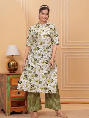 Green Floral Printed Indian Cotton Salwar Kameez A-line Kurti Pant Co Ord Set