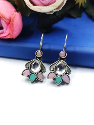 Oxidized Silver-Plated Statement Party Wear Stone Work Hook Earrings for Women & Girls