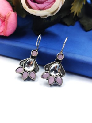 Oxidized Silver-Plated Statement Party Wear Stone Work Hook Earrings for Women & Girls