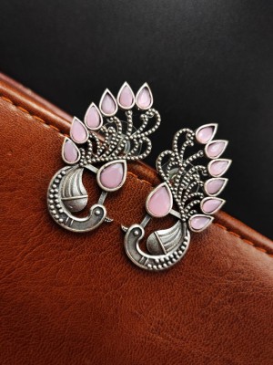 Peacock Stone Stud Earrings Silver Look alike Party Wear Indian Jewelry Gift for Her