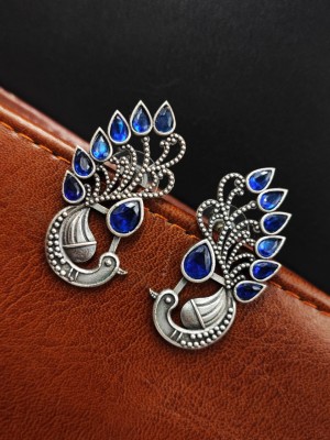 Peacock Stone Stud Earrings Silver Look alike Party Wear Indian Jewelry Gift for Her