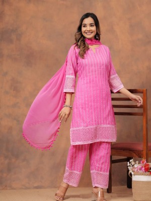 Monika Pink Color Schiffli Indian Pakistani Straight Salwar Kameez Kurti Pant Set for Women Partywear Dress