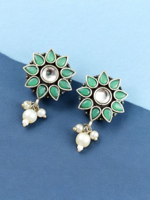 Antique Flower Stone Stud Pearl Beads Earring Silver Replica Oxidized Indian Earrings for Girls