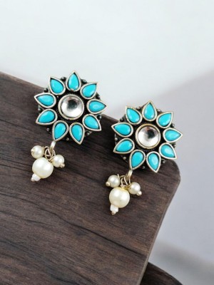 Antique Flower Stone Stud Pearl Beads Earring Silver Replica Oxidized Indian Earrings for Girls