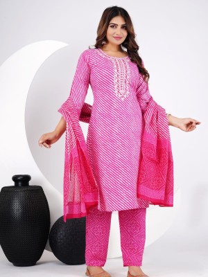 Pink Color Lehariya Embroidered Printed Indian Straight Salwar Kameez Kurti Pant Set for Women Dress