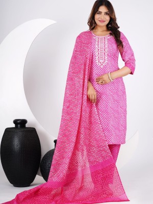 Pink Color Lehariya Embroidered Printed Indian Straight Salwar Kameez Kurti Pant Set for Women Dress