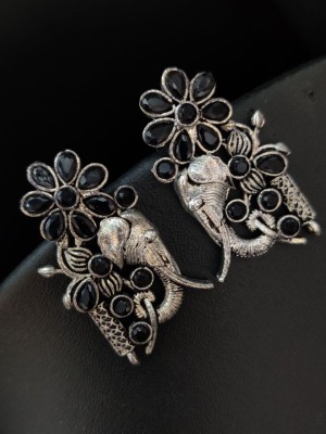 Elephant Stone Work Stud Silver Oxidized Earring Indian Earrings for Girls