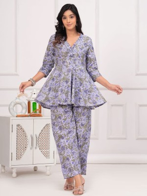 Blue Floral Printed Indian Cotton Salwar Kameez Flared Belt Short Kurti Pant V-Neck Cord Set