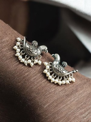 Silver Oxidized Bird Stud Earrings with Pearl Drop Beads Bohochic Indian Jewelry for Women