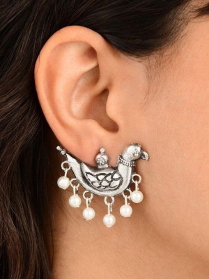 Silver Oxidized Bird Stud Earrings with Pearl Drop Beads Bohochic Indian Jewelry for Women