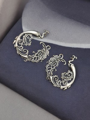 Gorgeous Silver-Plated Oxidized Peacock Stud Earring Designer Floral Art Statement Earrings Indian Jewelry