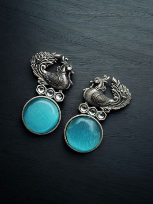 Peacock Silver Replica Brass Oxidized Monalisa Stones Stud Indian Designer Earrings