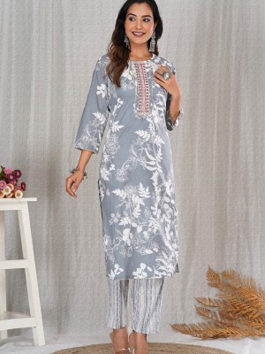 Grey Color Floral Indian Straight Salwar Kameez Kurti Pant Set for Women Embroidery Work