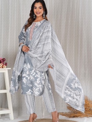 Grey Color Floral Indian Straight Salwar Kameez Kurti Pant Set for Women Embroidery Work