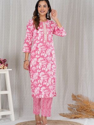 Pink Color Floral Indian Straight Salwar Kameez Kurti Pant Set for Women Embroidery Work