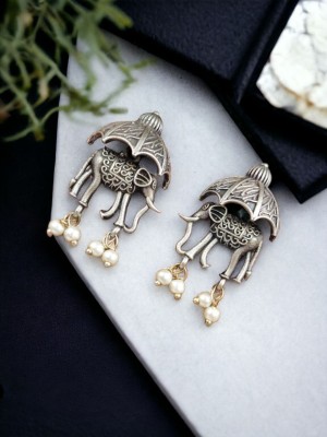 Indian Elephant Gajraj with Palki Silver Oxidized Stud Pearl Beads Drop Earring