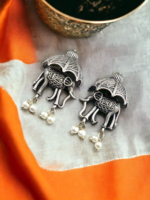 Indian Elephant Gajraj with Palki Silver Oxidized Stud Pearl Beads Drop Earring