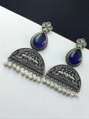 Antique Silver Replica Brass Peacock Oxidized Gypsy Dangler Monalisa Stones Stud Earrings