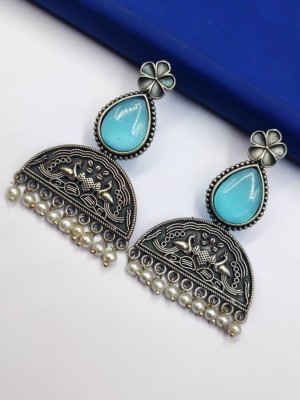 Antique Silver Replica Brass Peacock Oxidized Gypsy Dangler Monalisa Stones Stud Earrings