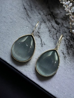 Almond Shaped Monalisa Stone Earring Silver Oxidised Brass Drop Hook Earrings For Casual Wear